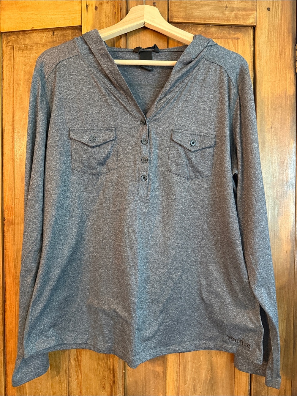 Marmot XL Men's Heather Gray Hooded Henley Long-Sleeve Shirt Athleisure Hiking